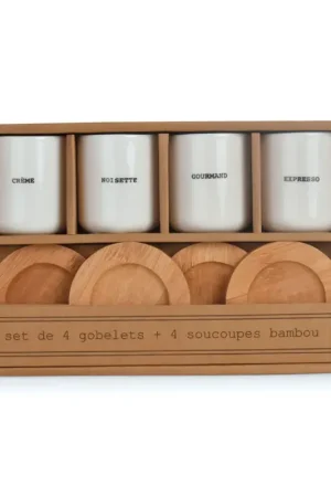 Coffret 4 tasses en faïence blanc avec soucoupes en bois 10cl Petit Prix