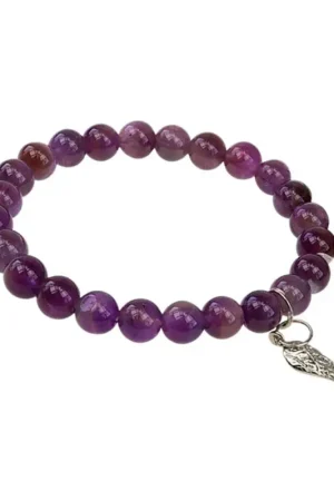 Bracelet améthyste perles rondes 8mm et aile d'ange Nouveauté