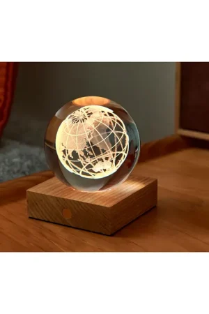 Lampe boule globe 3D en cristal et noyer h12cm Achat Immédiat