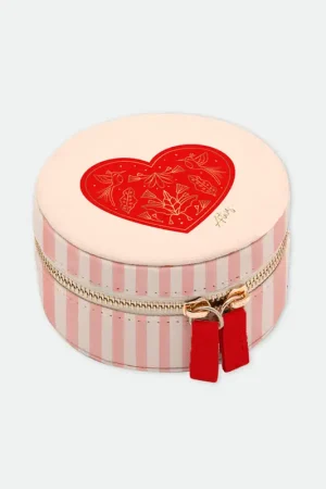 Boîte à bijoux ronde cœur en coton rayé rose et rouge Remise