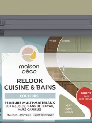 Populaire Peinture multi-matériaux sur meubles, plans de travail, murs carrelés MAISON DÉCO Relook Cuisine & Bains Vert olive