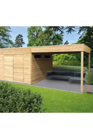 Abri de jardin en bois Messina traité 19 mm 2,99 + 2,87 x 2,91 m SOLID Réduction