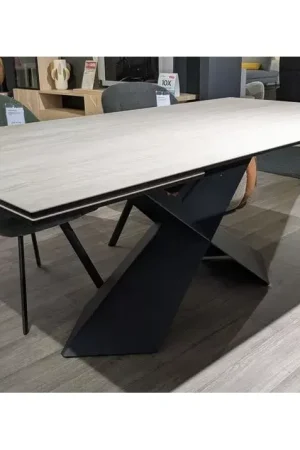 TABLE TRAVERTIN 2 ALLONGES PIED METAL CROIX NOIR Prix Cassé
