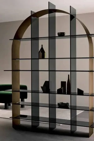 Achetez Aujourd'hui Bibliothèque arquée autoportante en verre fumé et design bronze brossé - Marco
