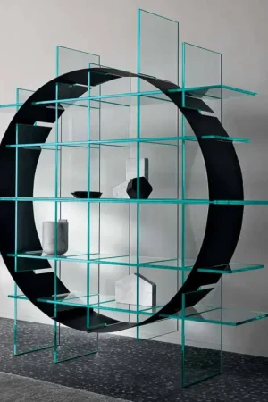 Bibliothèque circulaire autoportante en verre extraclair et noir brossé - Marco Nouveauté