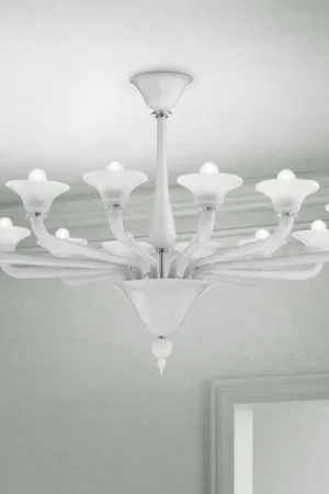 Vente Flash Lustre 12 Lumières en Verre de Venise Blanc et Métal Chromé - Ismail