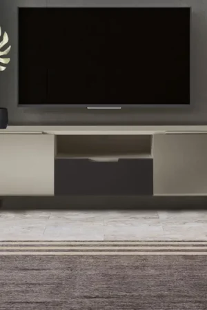Meuble TV avec 2 portes et 1 tiroir en finition nickel et carbone - Inga Populaire