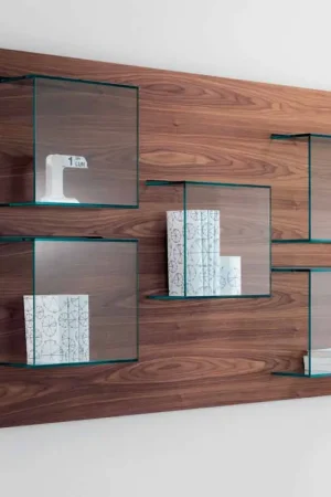 Achat Immédiat Panneau mural en bois de noyer Canaletto et étagères en verre 2 tailles - Basilic