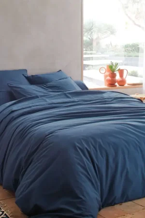 BLANC DES VOSGESDrap housse percale lavée Bohème-Indigo -200 x 200 cm Haute Qualité